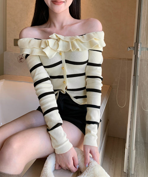 フリルニットトップス オフショルダー秋服 レディース タイトリブニット ボダン付き ニットソー きれいめニットセーター ボーダー柄 ショート丈 ニットカーディガン 80ZHONGYI-001